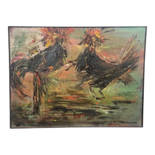 Alice Marcus " the Cockfight " Oil Painting on Canvas , Signed & Framed 1981 For Sale