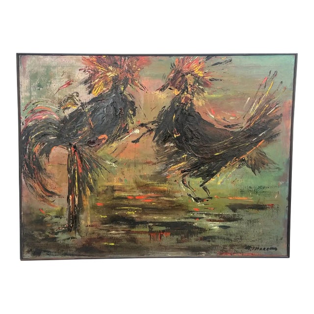 Alice Marcus " the Cockfight " Oil Painting on Canvas , Signed & Framed 1981 For Sale