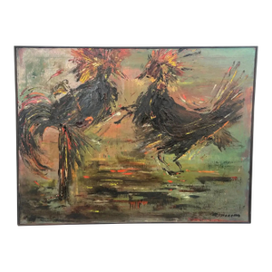 Alice Marcus " the Cockfight " Oil Painting on Canvas , Signed & Framed 1981
