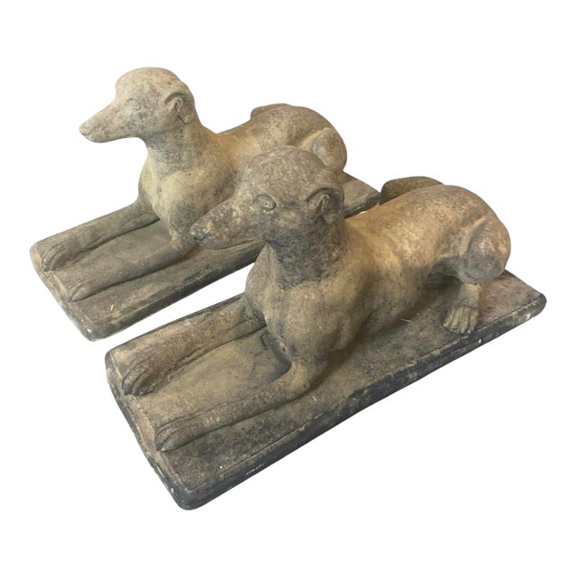 A Pair of Mid-Century English Style Cast Stone Greyhound Garden Statuary For Sale