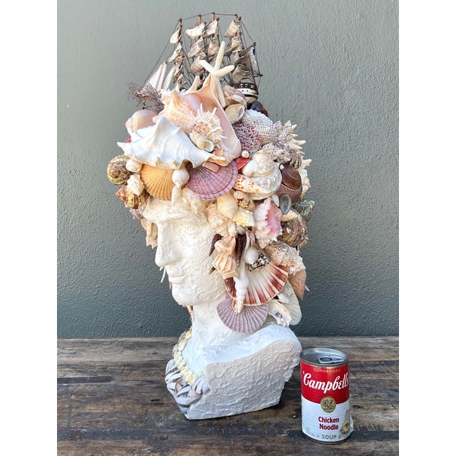 Vintage Shell Encrusted Bust of Man With Sailing Ship For Sale - Image 11 of 12