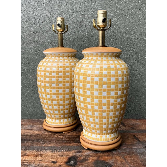Vintage Glazed Ceramic Grid Lamps - A Pair For Sale - Image 10 of 12