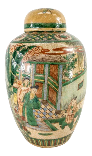 Chinese Famille Verte Beige Crackled Vase or Urn for a Lamp