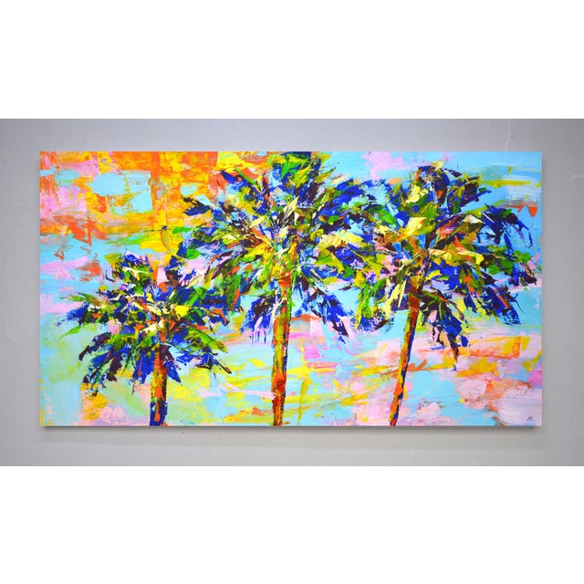 Palm trees 3. Expressive palm trees on an abstract bright background. Modern. Light tones of yellow, pink, lilac, orange,...