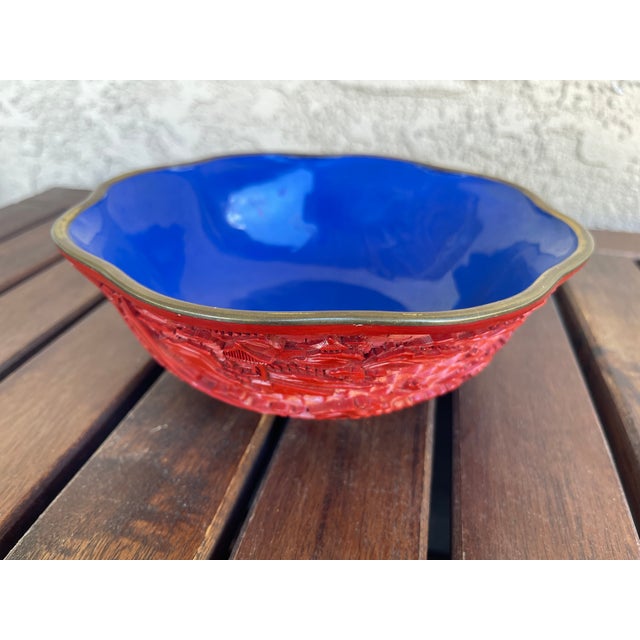 Chinese Mid Century Chinese Red Cinnabar Lacquerware & Brass Rim Scallup Landscape Bowl For Sale - Image 3 of 6