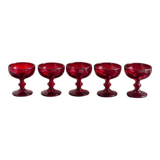 1960s Ruby Red Coupe Glasses - Set of 5 For Sale