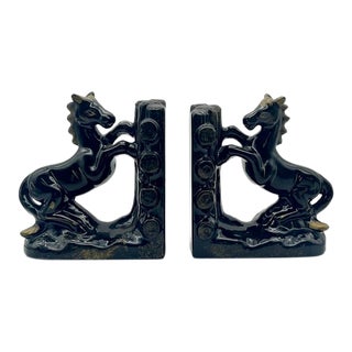 1950s Black Ceramic Horse Bookends- a Pair For Sale