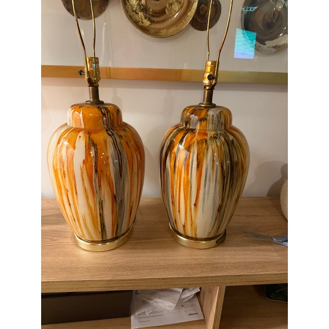 Metal 1960s Mid Century Large Drip Glaze Ginger Jar Lamps - a Pair For Sale - Image 7 of 11