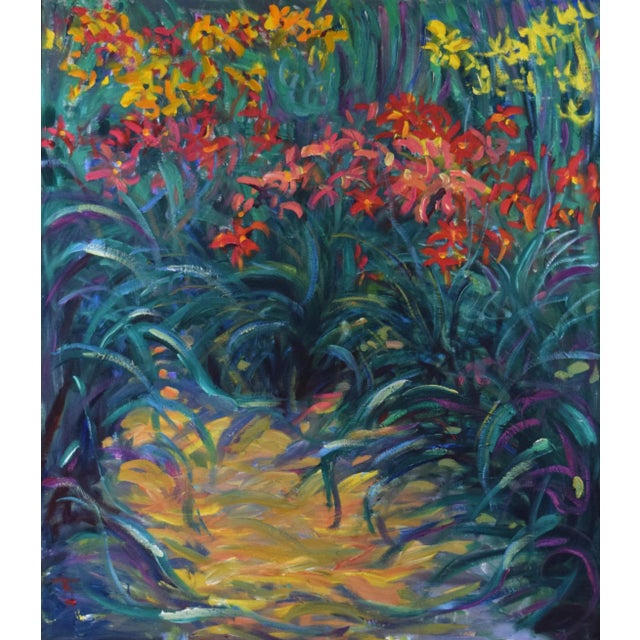 Vintage impressionist landscape painting of a garden path between red and yellow flowers. Oil on canvas, presented in a...