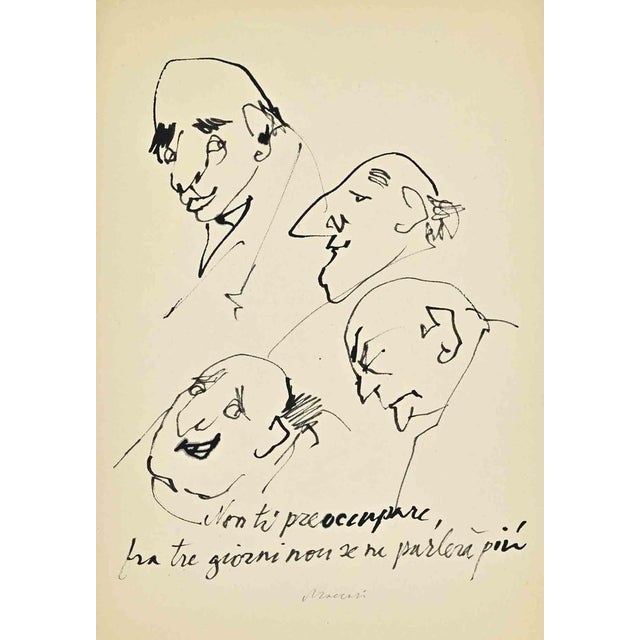 Ink on paper. An incisive and concentrated drawing by Mino Maccari, executed in black ink, presenting a group of...
