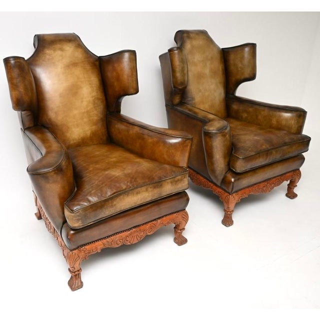 Wood Vintage Leather Wing Back Chairs, 1920s, Set of 2 For Sale - Image 7 of 11