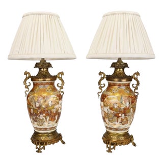 Large Japanese Satsuma Table Lamps in Gilt Bronze Ormolu Mounts, Meiji Period c.1880 by Unknown for Unknown, Set of 2 For Sale