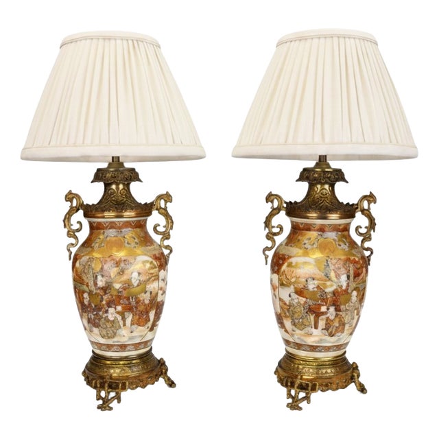 Large Japanese Satsuma Table Lamps in Gilt Bronze Ormolu Mounts, Meiji Period c.1880 by Unknown for Unknown, Set of 2 For Sale