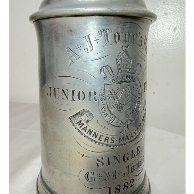 Antique 1882 Engraved Pewter College Football Junior 5 Tankard Trophy Stein Mug For Sale - Image 11 of 17