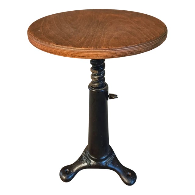 Vintage Industrial Adjustable Swivel Stool with Cast Iron Base and Beech Plywood Seat from Singer, 1950s For Sale