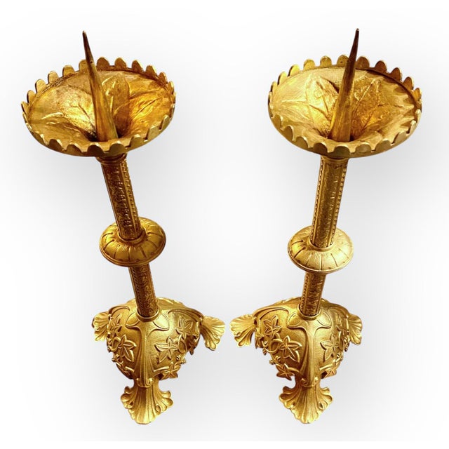 Pr. Antique French Art Nouveau Gilt Brass Alter Candlesticks For Sale - Image 13 of 17