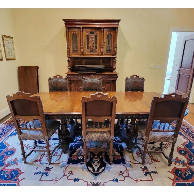 11 1/2 feet fully extended, this antique Belgian baroque walnut dining banquet table downsizes to just 5 feet long. Fully...