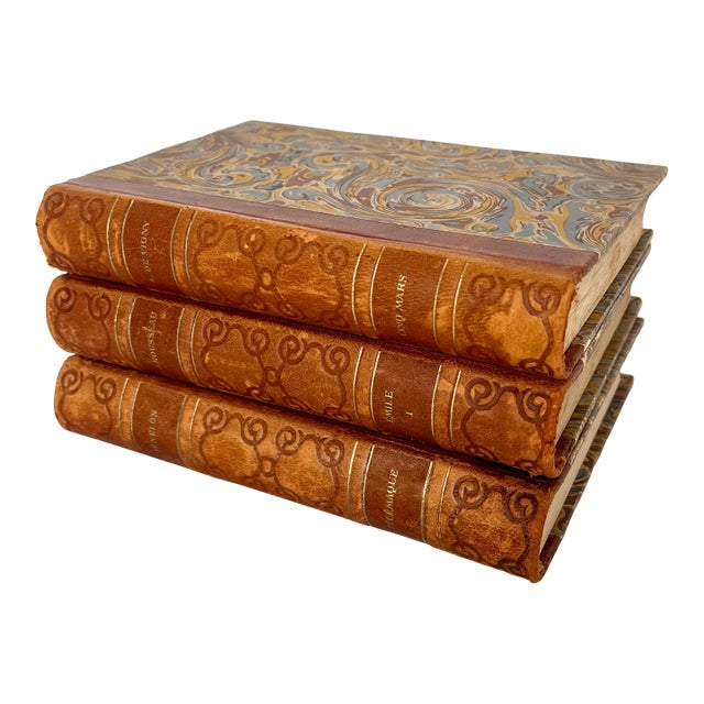 Antique French 1928 Leather Bound Books - Set of 3 For Sale