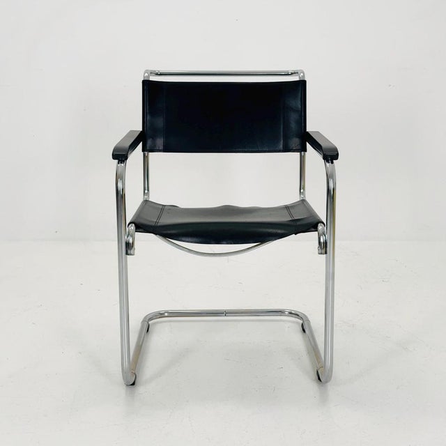 Mart Stam Bauhaus Black Leather Iconic Armchair by Mart Stam for Thonet, 1980s For Sale - Image 4 of 11