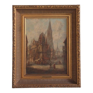 1930s Flemish Church Oil Painting on Canvas in Giltwood Frame For Sale