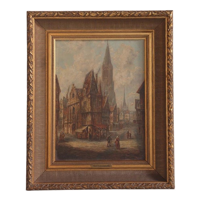 1930s Flemish Church Oil Painting on Canvas in Giltwood Frame For Sale