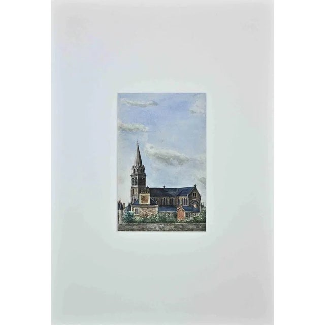 The Church is an original artwork realized in the half of the 20th Century. Original Watercolor on paper. Passepartout is...