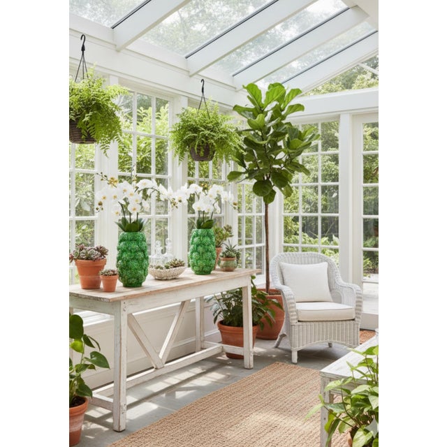 Vivid Emerald Ceramic Palm Tree Vases (Pair) For Sale In West Palm - Image 6 of 8