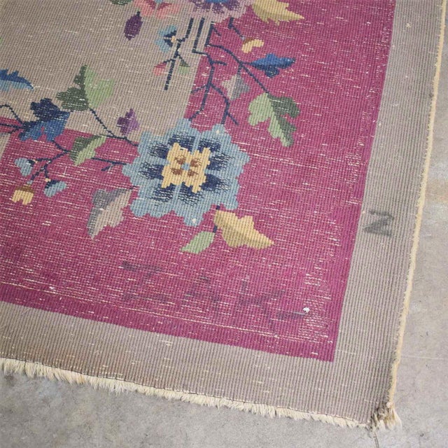 Antique Chinese Art Deco Wool Handmade Rug Taupe With Magenta Border 8’8”x11’4.5” For Sale - Image 12 of 13