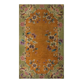 1920s Yellow Gold Floral Antique Chinese Art Deco Carpet 4' X 6'6'' Knotted Wool Rug For Sale