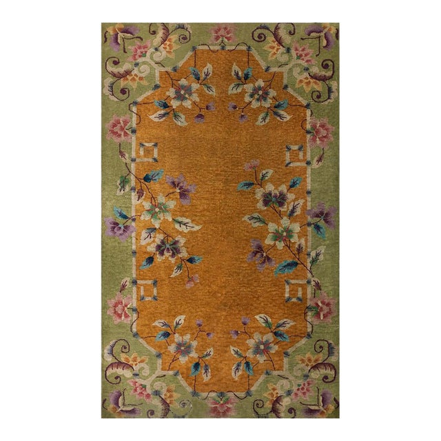 1920s Yellow Gold Floral Antique Chinese Art Deco Carpet 4' X 6'6'' Knotted Wool Rug For Sale