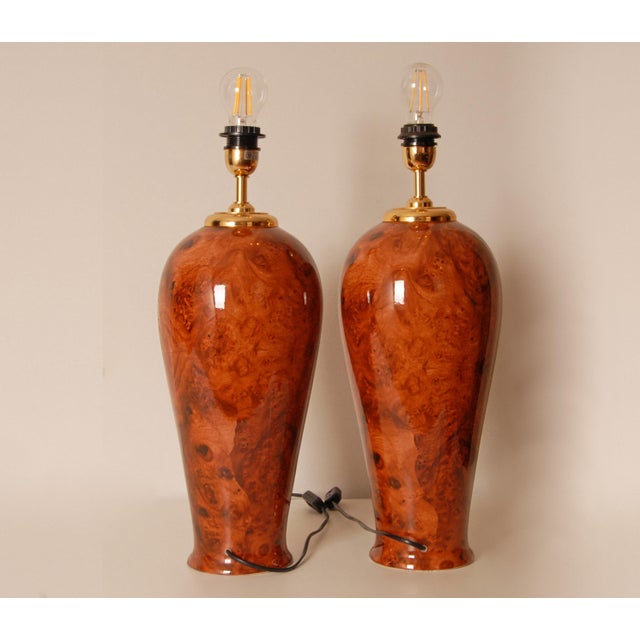 Vintage Table Lamps Faux Elm Burl Wood French Ceramic Vase Lamps Brown Cognac - A Pair For Sale - Image 6 of 11