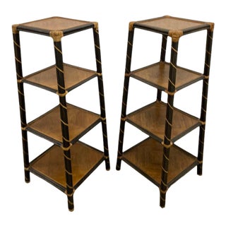 1980s Boho Chic Dark Rattan and Wood Etageres - a Pair For Sale
