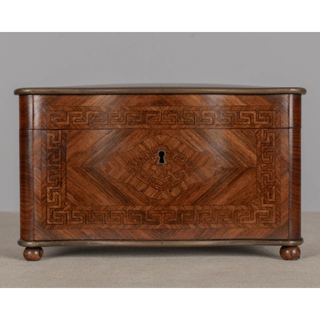 Brown French Napoleon III Marquetry Inlaid Serpentine Form Tea Caddy Circa 1880 For Sale - Image 8 of 13
