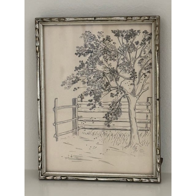 1940s Original Ink Drawing of Tree and Fence in Silverleaf Frame For Sale - Image 13 of 14