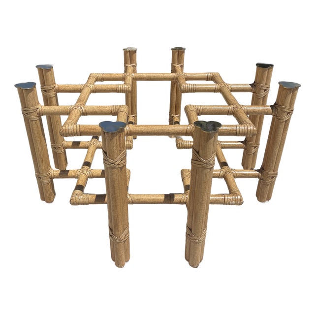 Authentic McGuire Vintage Rattan Coffee Table Base, Organic Modern Style With Brass Caps For Sale