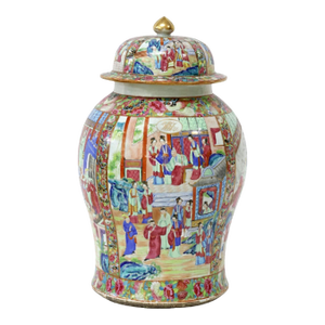 Chinese Export Porcelain Canton Temple Jar Decorated With Panels of Chinese Interior Scenes, American Market