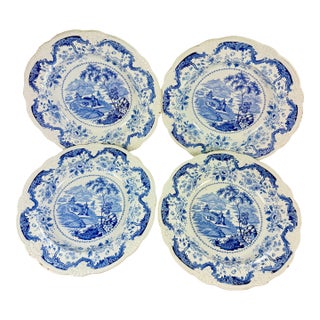 Early Davenport Blue & White Transferware Soup Plates, Set of Four For Sale
