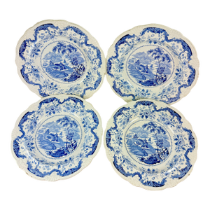 Early Davenport Blue & White Transferware Soup Plates, Set of Four