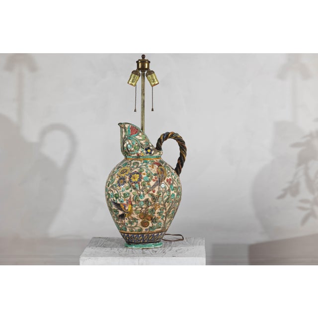 Mid 20th Century Mid 20th Century Majolica-Style Mid-Century Modern Ceramic Table Lamp with Birds and Floral Motifs For Sale - Image 5 of 12