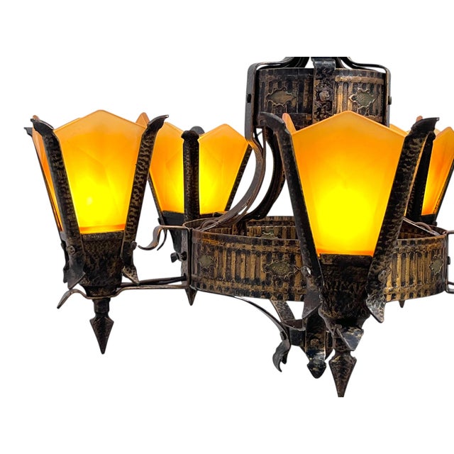 1930s Slip Shade Chandelier With Amber Glass Shades For Sale In Los Angeles - Image 6 of 14