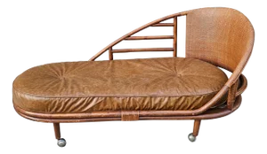 Mid 20th Century Mid-Century Bamboo and Rattan Chaise Lounge With Leather and Velvet Cushion
