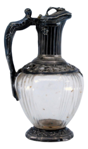 Silver Wine Jug with Cut Glass, Knob on the Lid and Relief with Floral Motifs