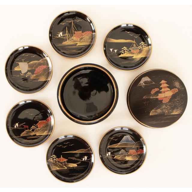 1950s Japanese Lacquered Black Wood Set/6 Coasters in Box, by Aizu For Sale - Image 4 of 15