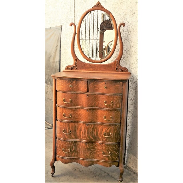 1900s Antique American Tiger Oak Tall Serpentine Highboy With Mirror