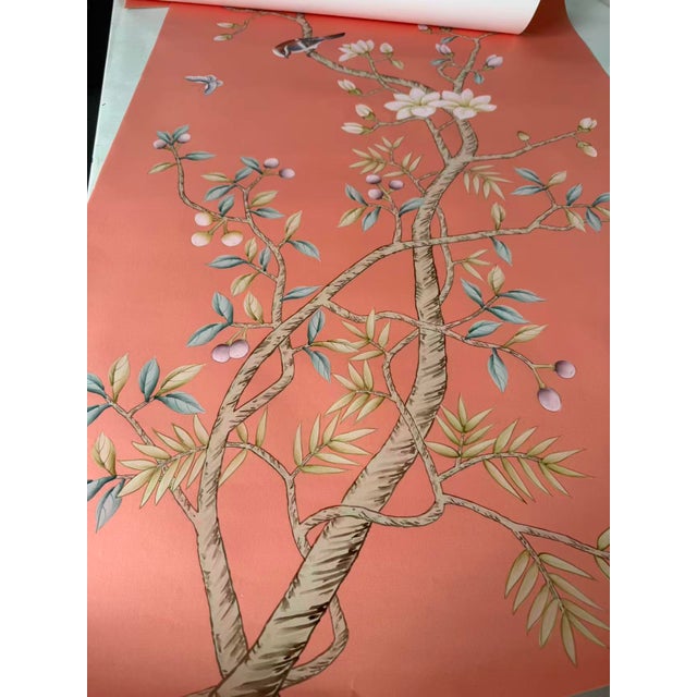 Paper Hand-Painted Coral Chinoiserie Wallpaper Panels – Floral Bird Mural, Luxury Statement Wall Art, 3 Panels 31x78” For Sale - Image 7 of 8