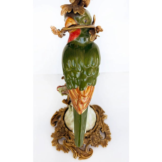 Rococo Vintage Bronze Painted Porcelain Exotic Bird Candlesticks- a Pair For Sale - Image 3 of 13