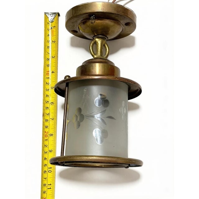 Antique Colonial Brass Ceiling Light Frosted Glass Shade Floral For Sale - Image 4 of 6