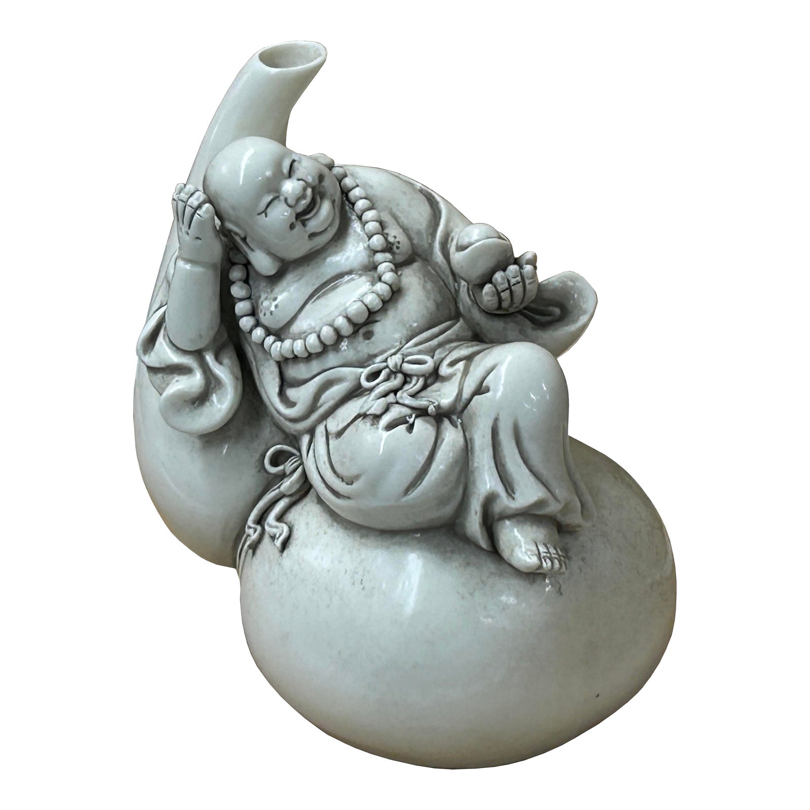 Oriental Distressed White Happy Laughing Buddha Gourd Porcelain Figure ...