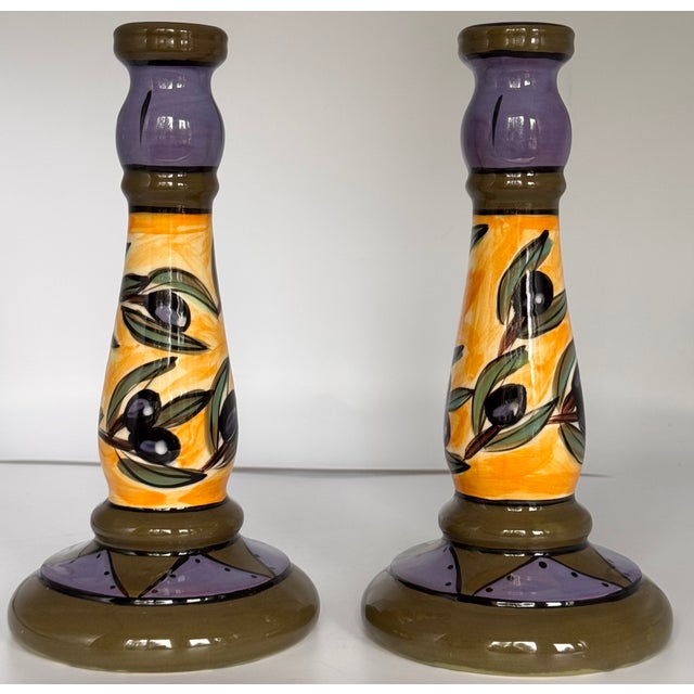 Vintage Italian Hand Painted and Glazed Candle Holders - A Pair For Sale - Image 4 of 10