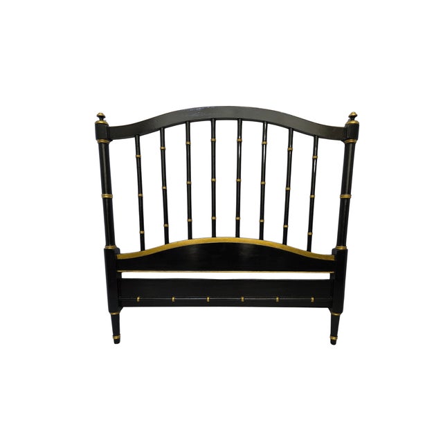 Chinoiserie Pair of 1970s Ebony Lacquered Faux Bamboo Headboards With Gilded Gold Trim For Sale - Image 3 of 17